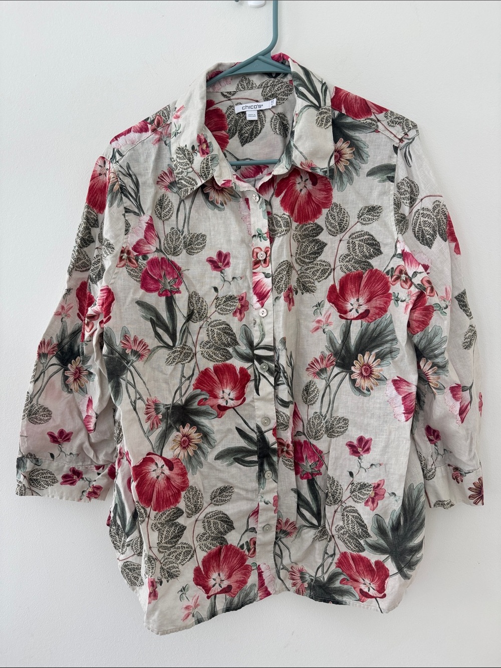 Chico's Cream Button-Down Shirt with Pink Floral Print Sz 2.5
